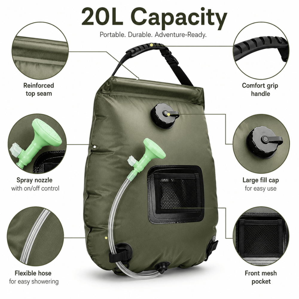 Camping Shower Bag Portable Solar-Heated 20L | Everhikes - Everhikes