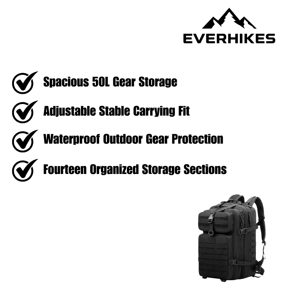 Hiking Backpack, Durable Waterproof 50L for Trekking, Camping - Everhikes