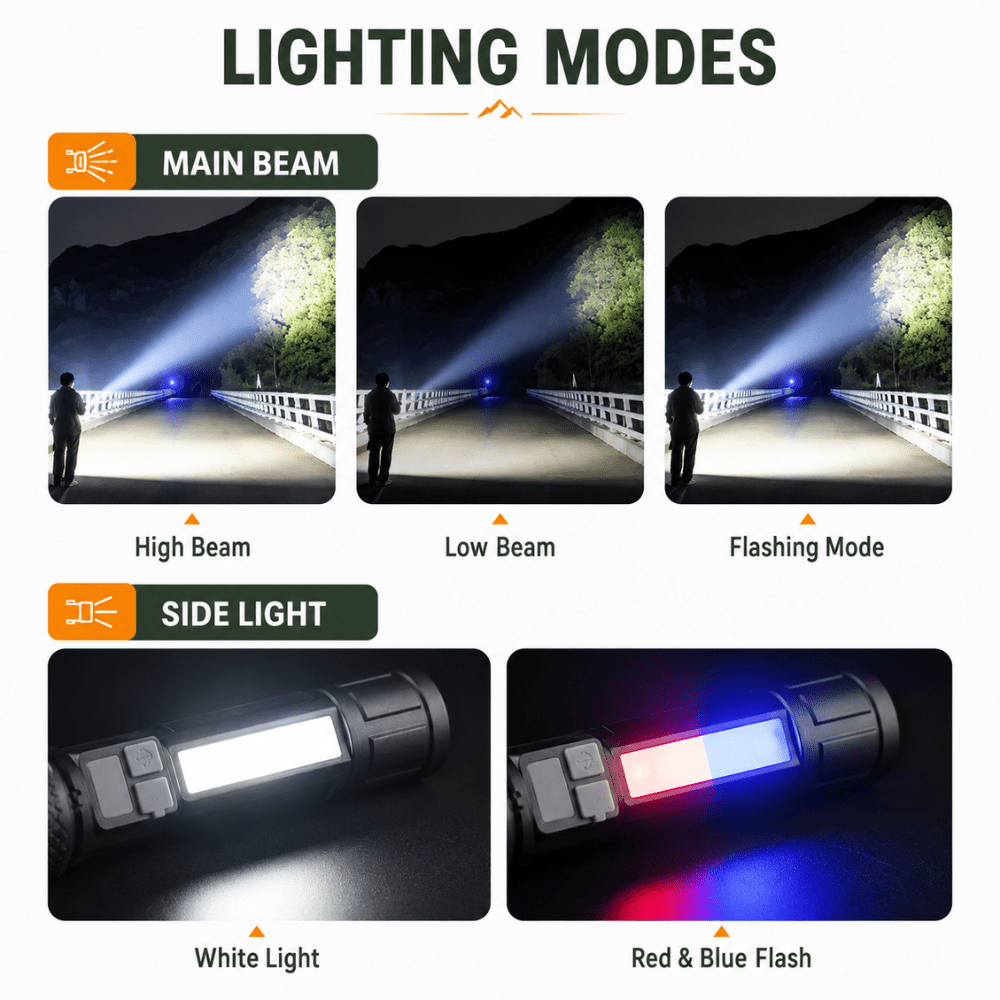 Rechargeable Flashlight Adjustable LED with COB Side Light - Everhikes