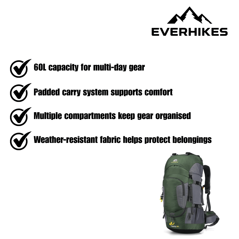 Weather-Resistant 60L Hiking Backpack for Outdoor Adventures - Everhikes
